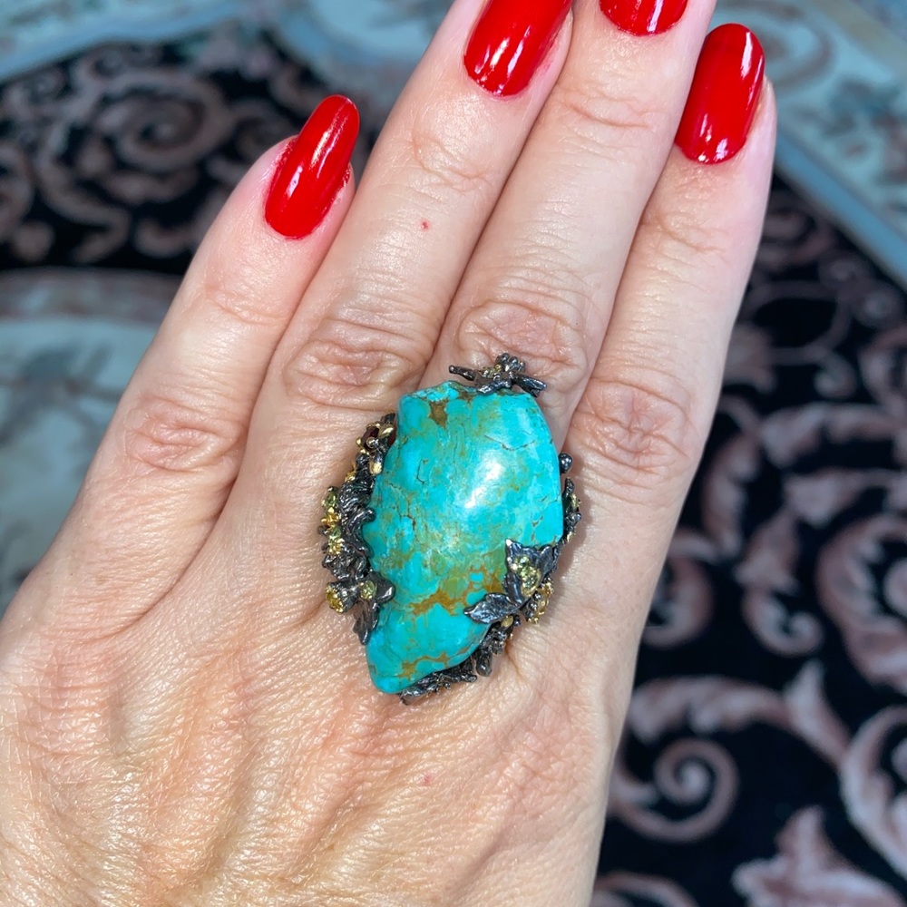 Gorgeous Genuine Turquoise Ring with Gemstones - Picture 15 of 17